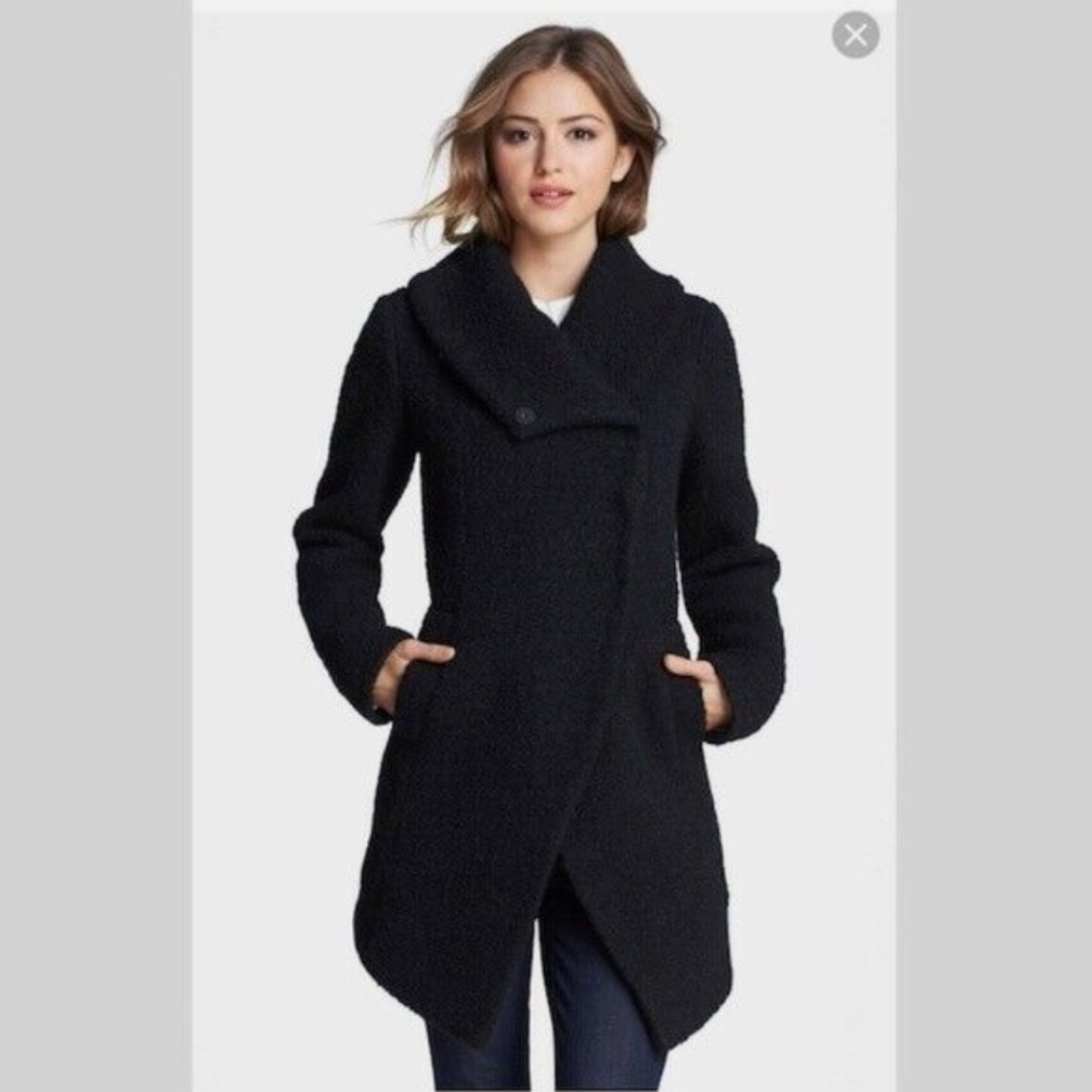 DAWN LEVY {S} Car Coat Navy Blue Bouclé Wool Blend Shawl Collar "Adelaid…